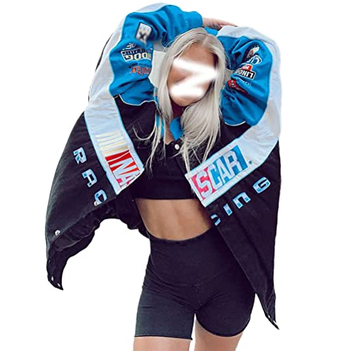 Onsoyours Bomberjacke Damen Sweatjacke Ladies College Sweat Jacket Druckknopf Für Frauen Oversized Patchwork Jacke Vintage Brief Druck Jacken Baseball Mantel T Blau S von Onsoyours