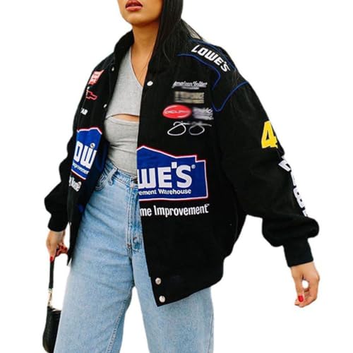 Onsoyours Bomberjacke Damen Sweatjacke Ladies College Sweat Jacket Druckknopf Für Frauen Oversized Patchwork Jacke Vintage Brief Druck Jacken Baseball Mantel X Schwarz XL von Onsoyours
