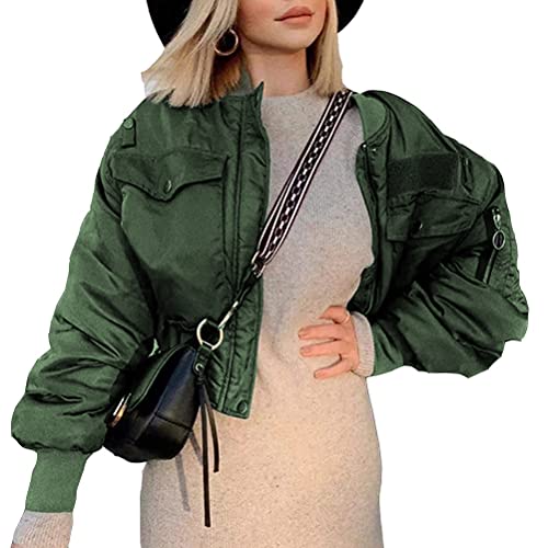 Onsoyours Bomberjacke Damen Sweatjacke Ladies College Sweat Jacket Reißverschluss Für Frauen Oversized Patchwork Jacke Vintage Druck Jacken BasebalM ManteM M Grün XL von Onsoyours