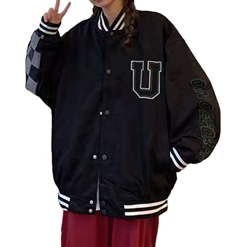 Onsoyours Bomberjacke Damen Sweatjacke Ladies College Sweat Jacket Reißverschluss Für Frauen Oversized Patchwork Jacke Vintage Druck Jacken Baseball Mantel Sport Jacke C Schwarz 3XL von Onsoyours