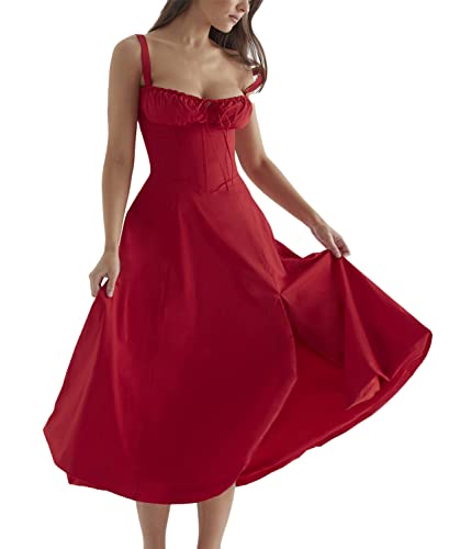 Onsoyours Bustier-Sommerkleid Damen Floral Drucken Sommer Strand Korsett-Kleid Spaghettiträger ärmellose Geteilte Lange Kleider Freizeitkleider für Frauen A Rot L von Onsoyours