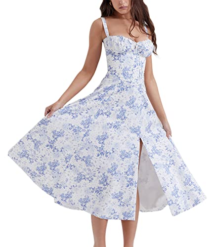 Onsoyours Bustier-Sommerkleid Damen Floral Drucken Sommer Strand Korsett-Kleid Spaghettiträger ärmellose Geteilte Lange Kleider Freizeitkleider für Frauen B Blau Blume 01 L von Onsoyours