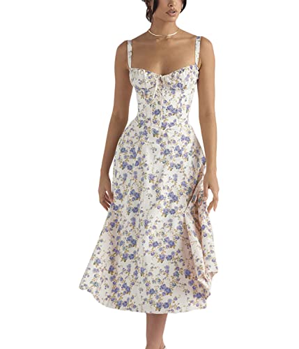 Onsoyours Bustier-Sommerkleid Damen Floral Drucken Sommer Strand Korsett-Kleid Spaghettiträger ärmellose Geteilte Lange Kleider Freizeitkleider für Frauen B Blau Blume 02 L von Onsoyours