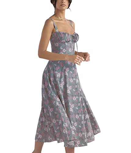 Onsoyours Bustier-Sommerkleid Damen Floral Drucken Sommer Strand Korsett-Kleid Spaghettiträger ärmellose Geteilte Lange Kleider Freizeitkleider für Frauen B Blau L von Onsoyours