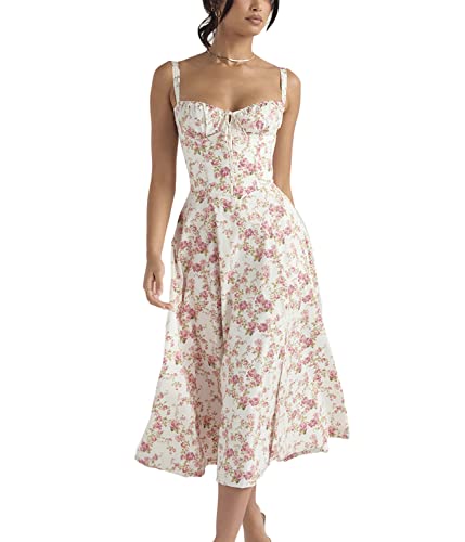 Onsoyours Bustier-Sommerkleid Damen Floral Drucken Sommer Strand Korsett-Kleid Spaghettiträger ärmellose Geteilte Lange Kleider Freizeitkleider für Frauen B Rosa M von Onsoyours