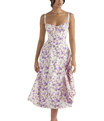 Onsoyours Bustier-Sommerkleid Damen Floral Drucken Sommer Strand Korsett-Kleid Spaghettiträger ärmellose Geteilte Lange Kleider Freizeitkleider für Frauen B Violett Blume M von Onsoyours