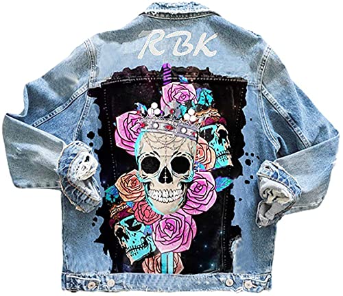 Onsoyours C Blau Taschen Einreiher Zerrissene Graffiti Langarm Boyfriend Oversize Jeansjacke Damen Mode Denim Jacket XL von Onsoyours