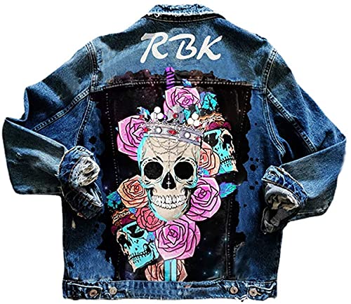 Onsoyours C Dunkelblau Taschen Einreiher Zerrissene Graffiti Langarm Boyfriend Oversize Jeansjacke Damen Mode Denim Jacket Mantel XL von Onsoyours
