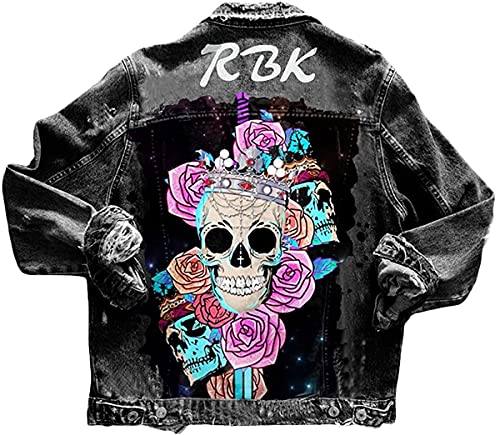 Onsoyours C Schwarz Taschen Einreiher Zerrissene Graffiti Langarm Boyfriend Oversize Jeansjacke Damen Mode Denim Jacket XXL von Onsoyours