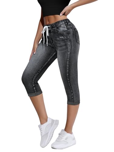 Onsoyours Capri Jeans Damen Sommer Caprihose 3/4 Jeans Caprihose Hohe Taille Denim Hose Kurze Skinny Ripped Jeanshose Caprijeans C Schwarz XL von Onsoyours