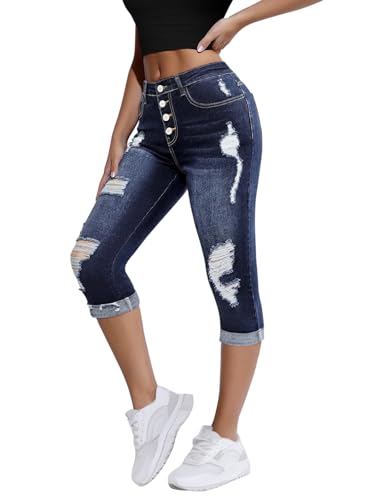 Onsoyours Capri Jeans Damen Sommer Caprihose 3/4 Jeans Caprihose Hohe Taille Denim Hose Kurze Skinny Ripped Jeanshose Caprijeans D Dunkelblau M von Onsoyours
