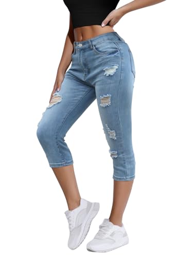 Onsoyours Capri Jeans Damen Sommer Caprihose 3/4 Jeans Caprihose Hohe Taille Denim Hose Kurze Skinny Ripped Jeanshose Caprijeans E Hellblau L von Onsoyours