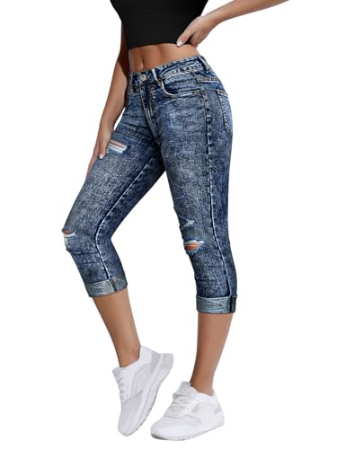 Onsoyours Capri Jeans Damen Sommer Caprihose 3/4 Jeans Caprihose Hohe Taille Denim Hose Kurze Skinny Ripped Jeanshose Caprijeans G Dunkelblau XS von Onsoyours
