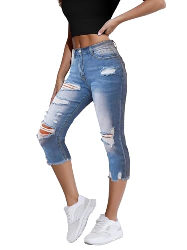 Onsoyours Capri Jeans Damen Sommer Caprihose 3/4 Jeans Caprihose Hohe Taille Denim Hose Kurze Skinny Ripped Jeanshose Caprijeans L Hellblau XL von Onsoyours