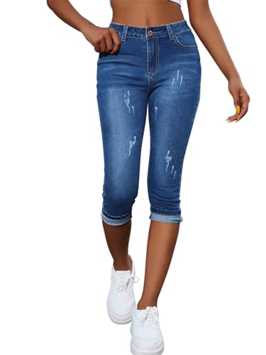 Onsoyours Capri Jeans Damen Sommer Jeanshosen 3/4 Hose High Waist Jeans Dreiviertel Hose Stretch Denim Hose Kurze Jeans Caprijeans B Blau L von Onsoyours