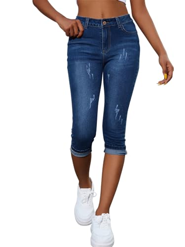 Onsoyours Capri Jeans Damen Sommer Jeanshosen 3/4 Hose High Waist Jeans Dreiviertel Hose Stretch Denim Hose Kurze Jeans Caprijeans B Dunkelblau L von Onsoyours