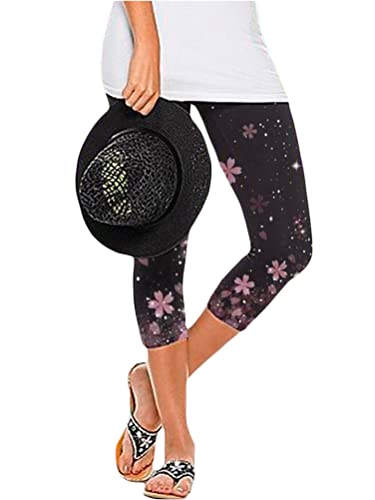 Onsoyours Caprihose Damen 3/4 Sommer Leggings mit Blumenmuster Muster Capri Leggings Basic Hose Elastisch Drucken Capri Cropped Hose Freizeithose Stretch Stoffhose Sommerhose B Rosa XXL von Onsoyours