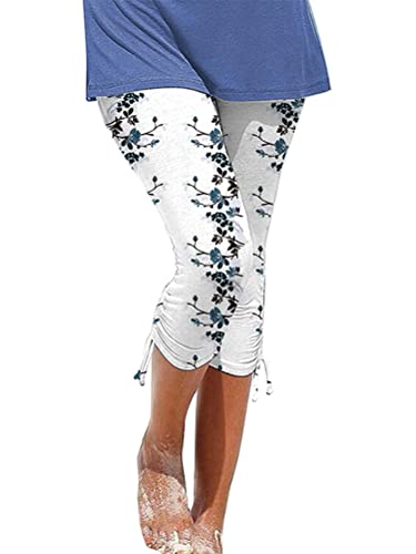 Onsoyours Caprihose Damen 3/4 Sommer Leggings mit Blumenmuster Muster Capri Leggings Basic Hose Elastisch Drucken Capri Cropped Hose Freizeithose Stretch Stoffhose Sommerhose D2 Weiß M von Onsoyours