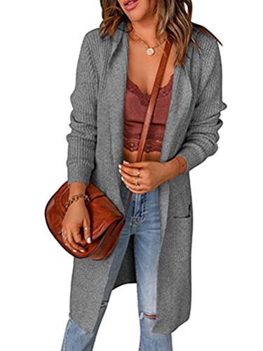 Onsoyours Cardigan Damen Lang Cardigan Strickjacke Langarm Strickmantel Strickpullover Herbst Winter Outwear mit Kapuze A Grau XXL von Onsoyours
