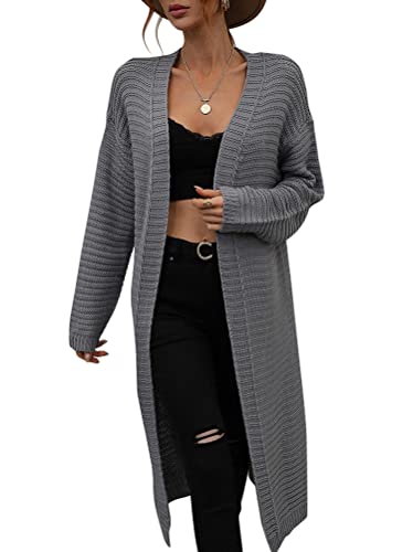 Onsoyours Cardigan Damen Lang Gerippt Strickjacke Casual Elegant Herbst Strick Jacke Herbstjacke Leichte Lose Strickjacken Slim Fit Einfarbig Strickmantel Knitted Outwear A Dunkelgrau L von Onsoyours