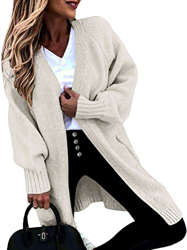 Onsoyours Cardigan Damen Lang Strickjacke Casual Locker Einfarbig Strickmantel Strickpullover Herbst Winter Outwear Jacke mit Taschen und Langarm A Beige MA von Onsoyours