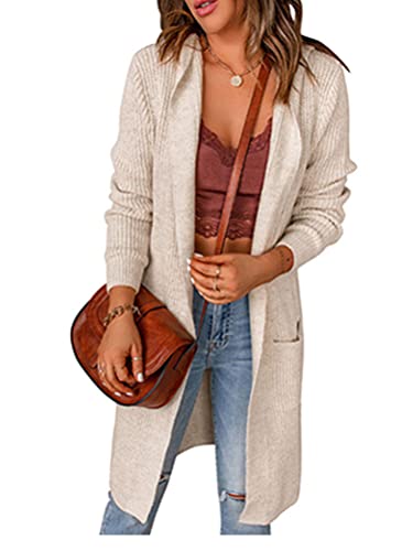 Onsoyours Cardigan Damen Lang Strickjacke Strickmantel Langarm Strickpullover mit Kapuze Outwear Jacke mit Taschen Herbst Winter A Aprikose 3XL von Onsoyours