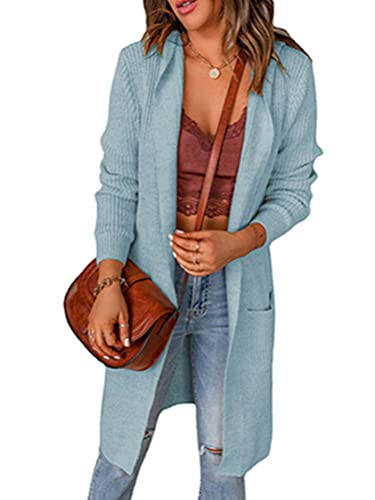 Onsoyours Cardigan Damen Lang Strickjacke Strickmantel Langarm Strickpullover mit Kapuze Outwear Jacke mit Taschen Herbst Winter A Blau 3XL von Onsoyours