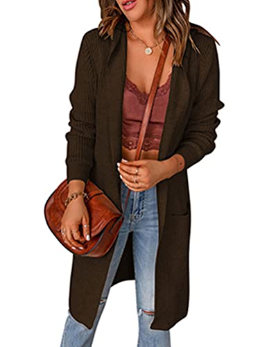 Onsoyours Cardigan Damen Lang Strickjacke Strickmantel Langarm Strickpullover mit Kapuze Outwear Jacke mit Taschen Herbst Winter A Kaffee XL von Onsoyours
