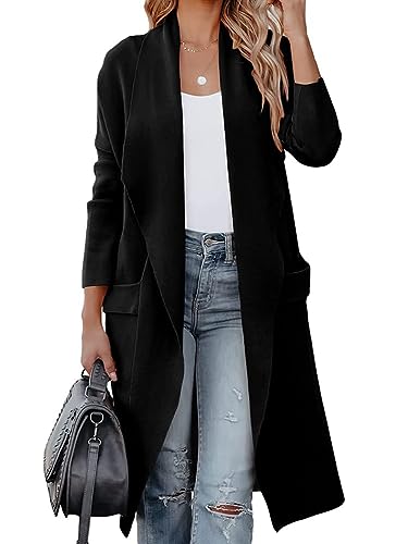 Onsoyours Cardigan Damen Lang Strickjacke Strickmantel Langarm Strickpullover mit Kapuze Outwear Jacke mit Taschen Herbst Winter C Schwarz XL von Onsoyours