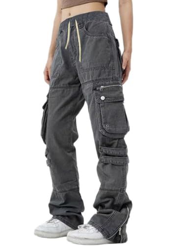 Onsoyours Cargohose Damen Baggy Y2K Lange Hosen Streetwear Hip Hop Casual Mode Teenager Straight Cargo Hosen Multi Taschen Paar Jeanshose Vintage Freizeithose Parachute Pants Unisex A Grau XL von Onsoyours