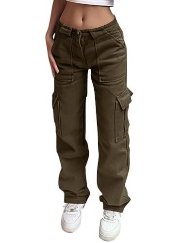 Onsoyours Cargohose Damen Baggy Y2K Multi Taschen High Waist Weite Bein Hosen Track Pants Sport Jogginghose Streetwear mit Elastischen Knöcheln B Armeegrün XS von Onsoyours
