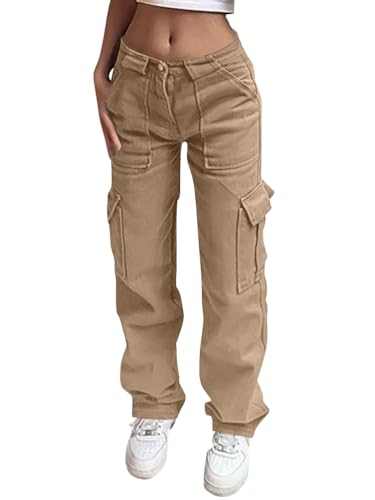 Onsoyours Cargohose Damen Baggy Y2K Multi Taschen High Waist Weite Bein Hosen Track Pants Sport Jogginghose Streetwear mit Elastischen Knöcheln B Khaki S von Onsoyours
