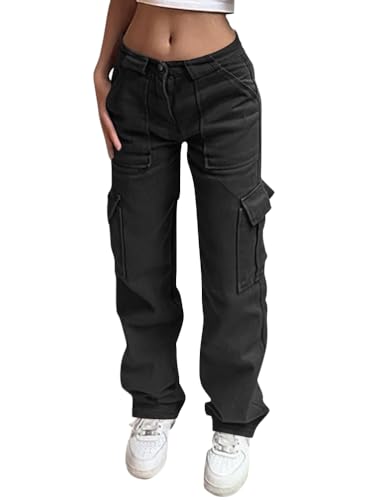 Onsoyours Cargohose Damen Baggy Y2K Multi Taschen High Waist Weite Bein Hosen Track Pants Sport Jogginghose Streetwear mit Elastischen Knöcheln B Schwarz S von Onsoyours