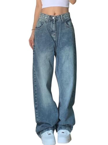 Onsoyours Cargohose Damen Jeanshose Baggy Y2K High Waist Cargo Jeans Hose 90er E-Girl Streetwear Freizeithose mit Tasche Breites Bein Boyfriend Pants Denim Hose F Blau S von Onsoyours