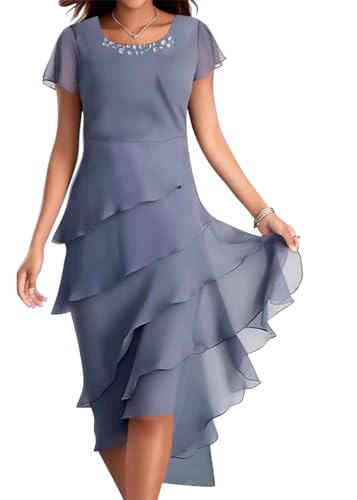 Onsoyours Chiffonkleid Damen Festlich Knielang Abendkleid Kurz Festkleid A Linie Kleid füR Hochzeitsgäste Mit Volant Ärmel Abend-Kleider Minikleid B01 Blau 3XL von Onsoyours