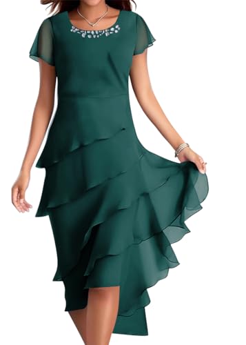 Onsoyours Chiffonkleid Damen Festlich Knielang Abendkleid Kurz Festkleid A Linie Kleid füR Hochzeitsgäste Mit Volant Ärmel Abend-Kleider Minikleid B01 Grün XL von Onsoyours