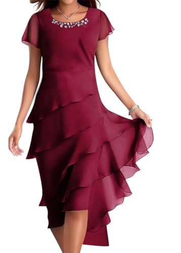 Onsoyours Chiffonkleid Damen Festlich Knielang Abendkleid Kurz Festkleid A Linie Kleid füR Hochzeitsgäste Mit Volant Ärmel Abend-Kleider Minikleid B01 Weinrot S von Onsoyours