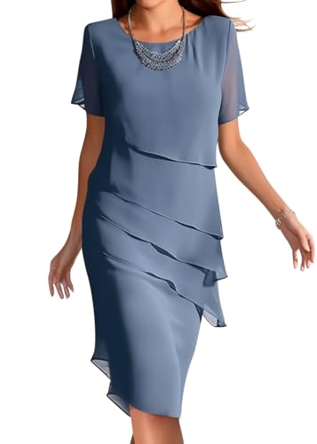 Onsoyours Chiffonkleid Damen Festlich Knielang Abendkleid Kurz Festkleid A Linie Kleid füR Hochzeitsgäste Mit Volant Ärmel Abend-Kleider Minikleid B02 Blau L von Onsoyours