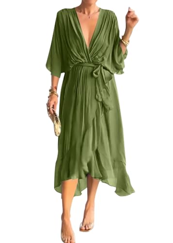 Onsoyours Chiffonkleid Damen Festlich Knielang Abendkleid Kurz Festkleid A Linie Kleid füR Hochzeitsgäste Mit Volant Ärmel Abend-Kleider Minikleid D Armeegrün L von Onsoyours