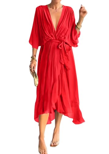 Onsoyours Chiffonkleid Damen Festlich Knielang Abendkleid Kurz Festkleid A Linie Kleid füR Hochzeitsgäste Mit Volant Ärmel Abend-Kleider Minikleid D Rot XL von Onsoyours