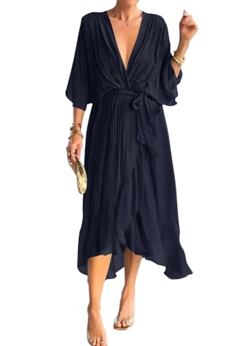 Onsoyours Chiffonkleid Damen Festlich Knielang Abendkleid Kurz Festkleid A Linie Kleid füR Hochzeitsgäste Mit Volant Ärmel Abend-Kleider Minikleid D Schwarz M von Onsoyours