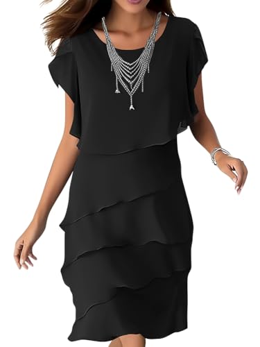 Onsoyours Chiffonkleid Damen Festlich Knielang Abendkleid Kurz Festkleid A Linie Kleid füR Hochzeitsgäste Mit Volant Ärmel Abend-Kleider Minikleid E Schwarz XXL von Onsoyours