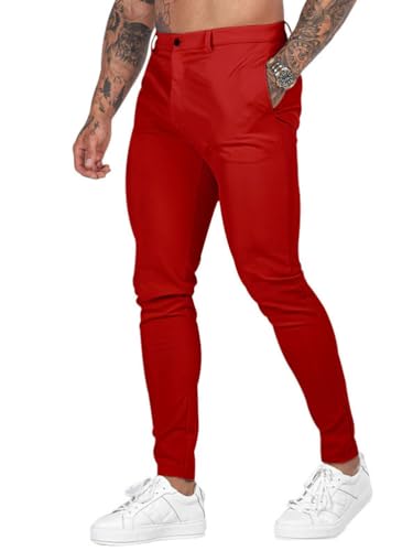 Onsoyours Chino Hose Herren Regular Fit Stretch Cargohose Casual Hose Skinny Slim Fit Arbeitshose Lange Anzughose mit Taschen Business Hose Männer Freizeithose A Rot M von Onsoyours