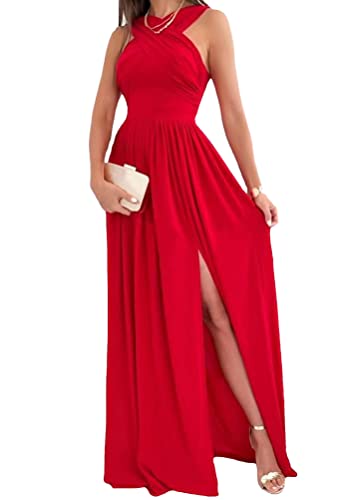 Onsoyours Cocktailkleid Damen Langes Split Kleid Rundhals Cocktail Party Abendkleid Sexy Schulterfrei Ballkleid Brautjungfer Kleid Lang Chiffon Abendkleid Party Sommerkleid C Rot XS von Onsoyours