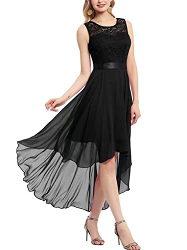 Onsoyours Cocktailkleid Damen Spitzenkleid Brautjungfer Elegant Party Knielang Chiffon Ärmellos Kleid Abendkleid Irregulär Einfarbiges Kleid A Schwarz XXL von Onsoyours