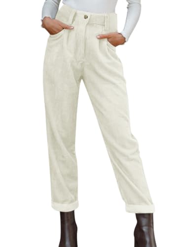 Onsoyours Cordhose Damen Mom Fit High Waist Gerades Bein Hosen Freizeithose Basic Reißverschluss Stretch Lang Locker Bequeme Hose mit Taschen A Beige L von Onsoyours