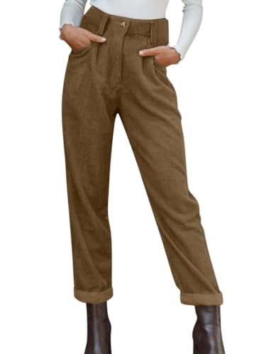 Onsoyours Cordhose Damen Mom Fit High Waist Gerades Bein Hosen Freizeithose Basic Reißverschluss Stretch Lang Locker Bequeme Hose mit Taschen A Braun XL von Onsoyours