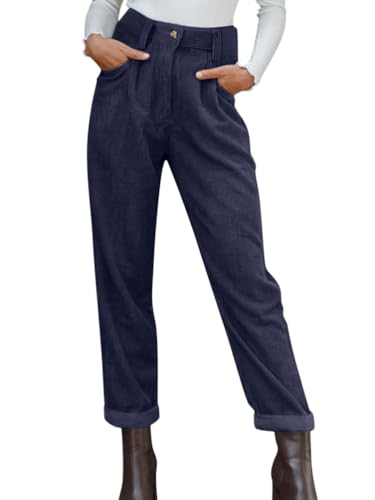Onsoyours Cordhose Damen Mom Fit High Waist Gerades Bein Hosen Freizeithose Basic Reißverschluss Stretch Lang Locker Bequeme Hose mit Taschen A Marine M von Onsoyours