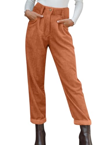 Onsoyours Cordhose Damen Mom Fit High Waist Gerades Bein Hosen Freizeithose Basic Reißverschluss Stretch Lang Locker Bequeme Hose mit Taschen A Orange M von Onsoyours