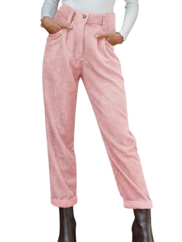 Onsoyours Cordhose Damen Mom Fit High Waist Gerades Bein Hosen Freizeithose Basic Reißverschluss Stretch Lang Locker Bequeme Hose mit Taschen A Rosa XS von Onsoyours